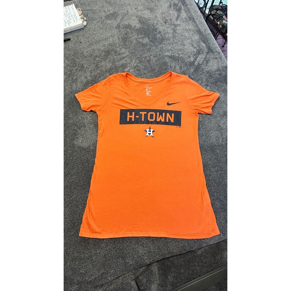 Nike Houston Astros H-Town V-Neck Graphic Tee Orange Tri-Blend Shirt Small